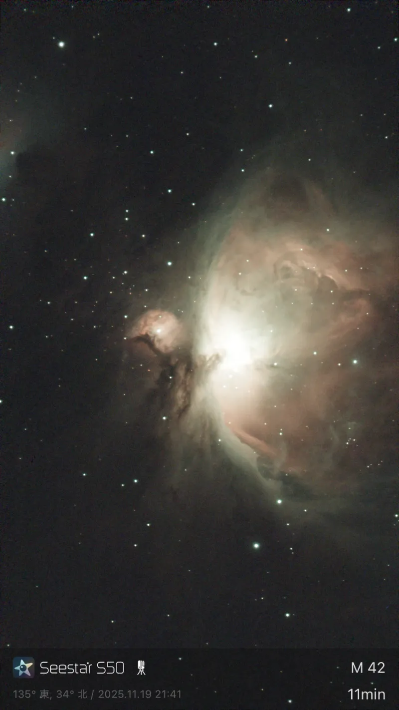 Orionnebel, live gestackt aus 63 Aufnahmen à 10 Sekunden